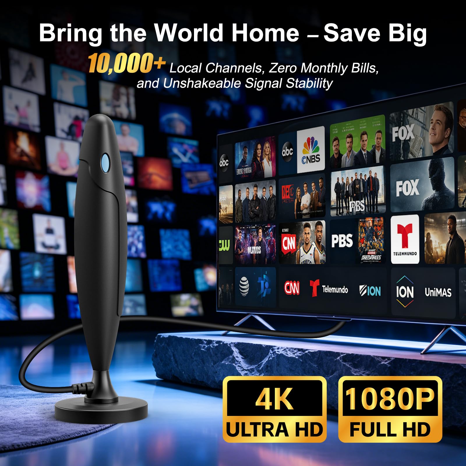 Antena de TV 2026 para Smart TV: antena digital interior para canales locales con base magnética, recepción de largo alcance de más de 3600 millas de alta ganancia con amplificador de señal