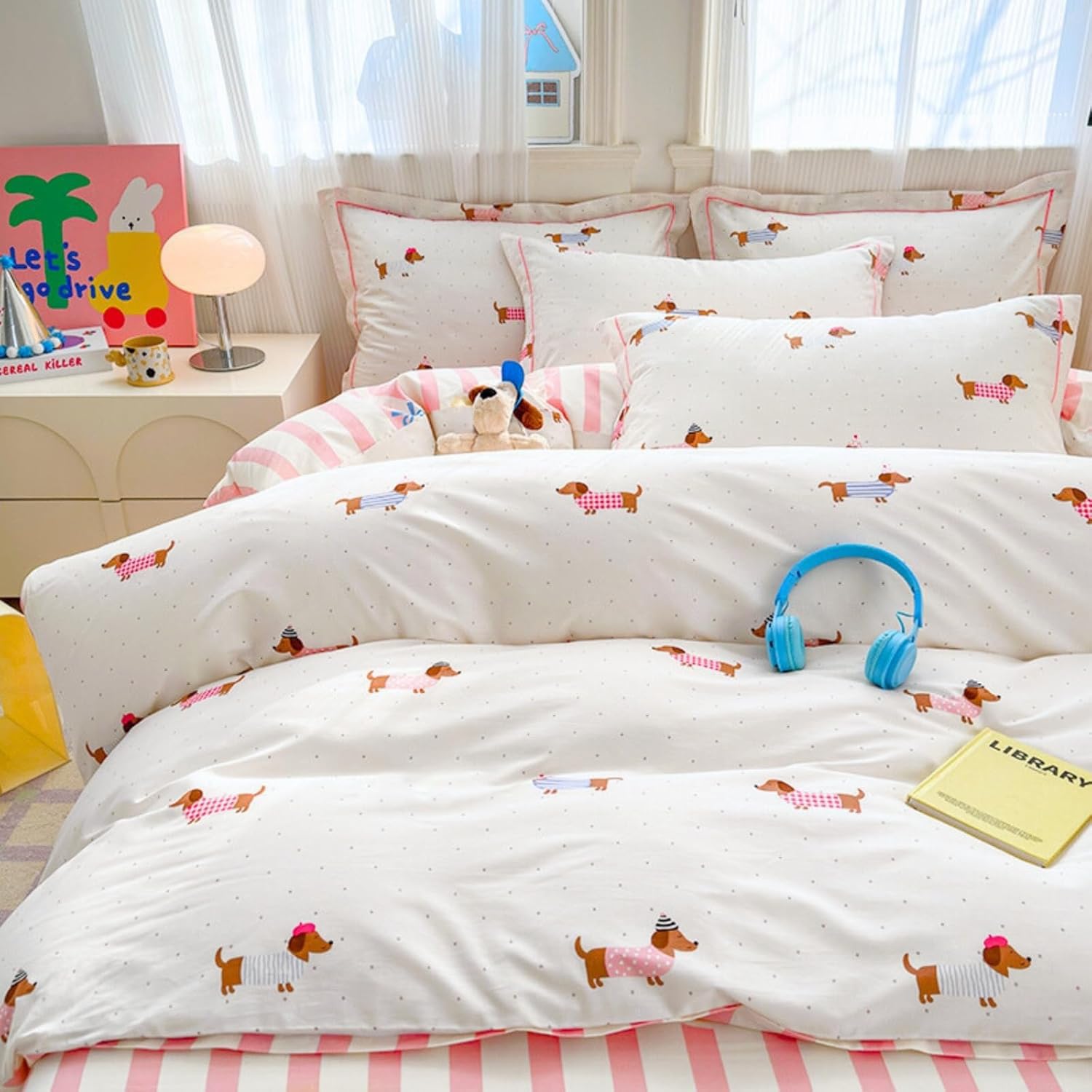 Michorinee Single Duvet Cover Set Pink Dachshund Sausage Dog Stripe Print White Bedding Kawaii Reversible Girls Aesthetic Cute Microfibre Quilt Cover 135x200 cm with Zipper Closure Pillowcase 50x75 — image 1