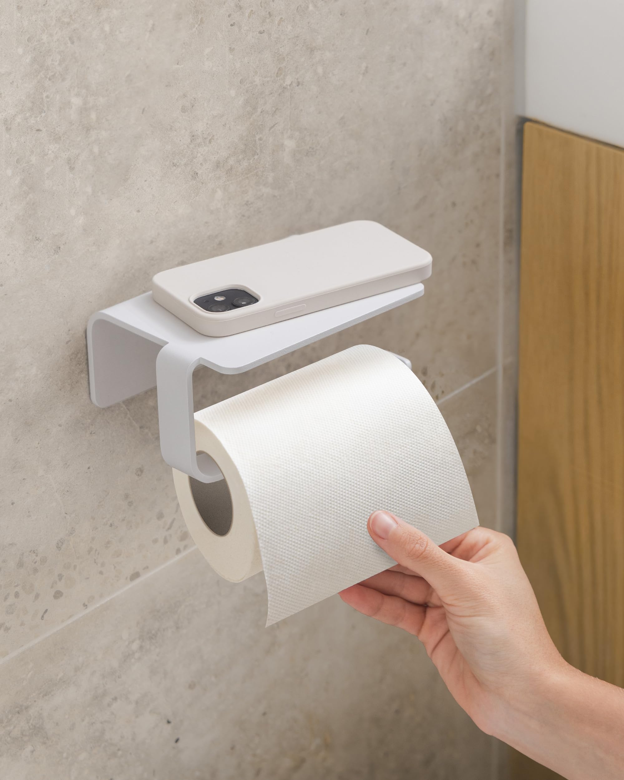 KAZAI. Portarrollos sin taladrar | Porta Rollos de Papel higiénico Adhesivo con Estante | Soporte de Papel higiénico para baño en Metal | Blanco