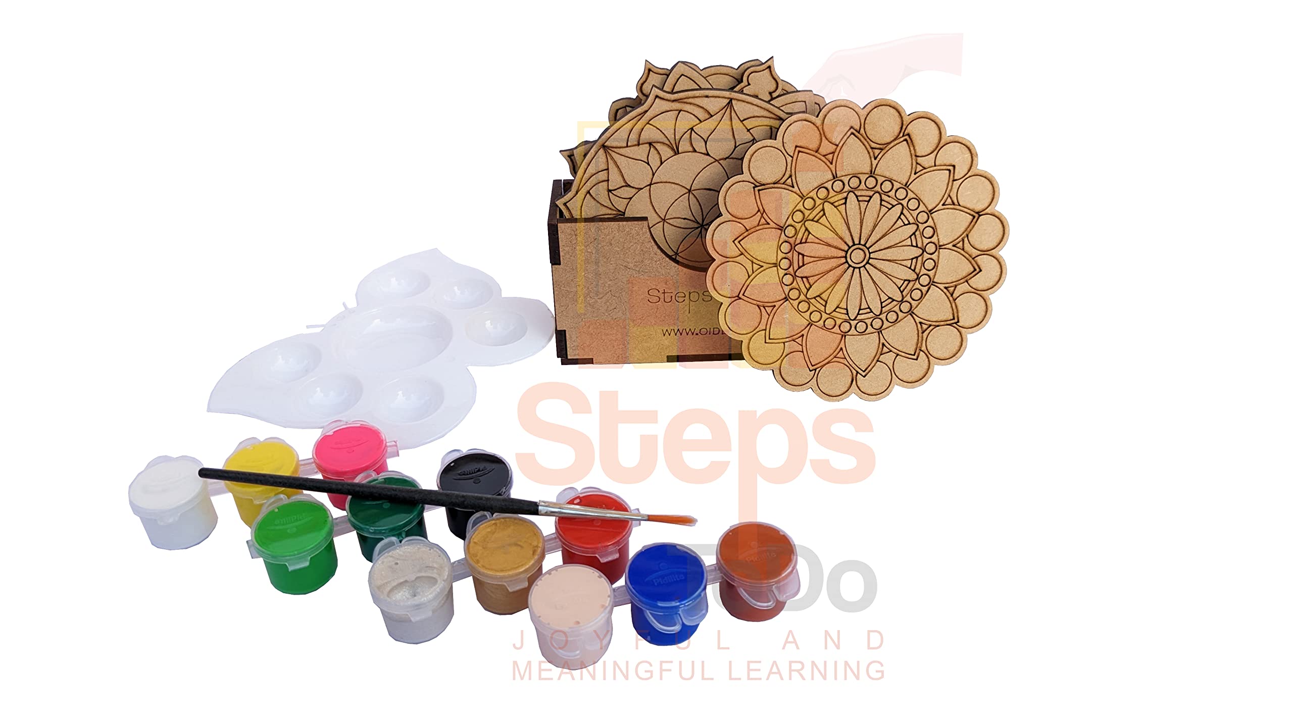 StepsToDo Mandalas Paint Kit D β Tea Coaster Art Set | Mandal Art, Set of 6 Bases (4 Inch) with Case, Colours, Painting Brush & Dish 1