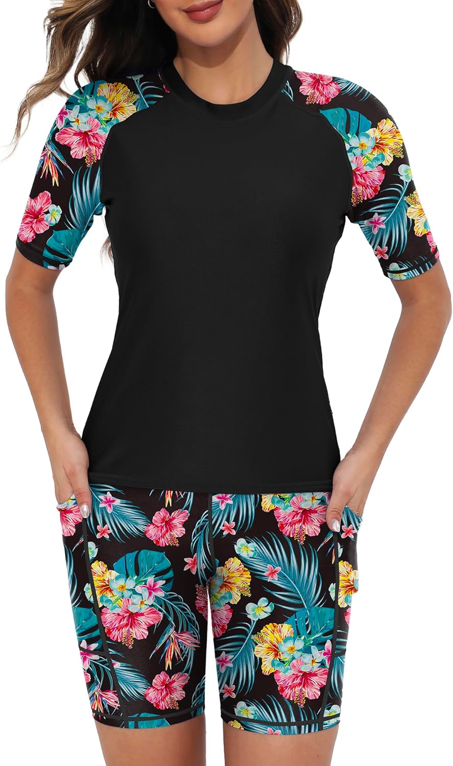 Tournesol Women's Two Piece Rash Guard Short Sleeve Swim Shirts UPF 50+ Built in Bra Swimsuit with Boyshorts with Pockets