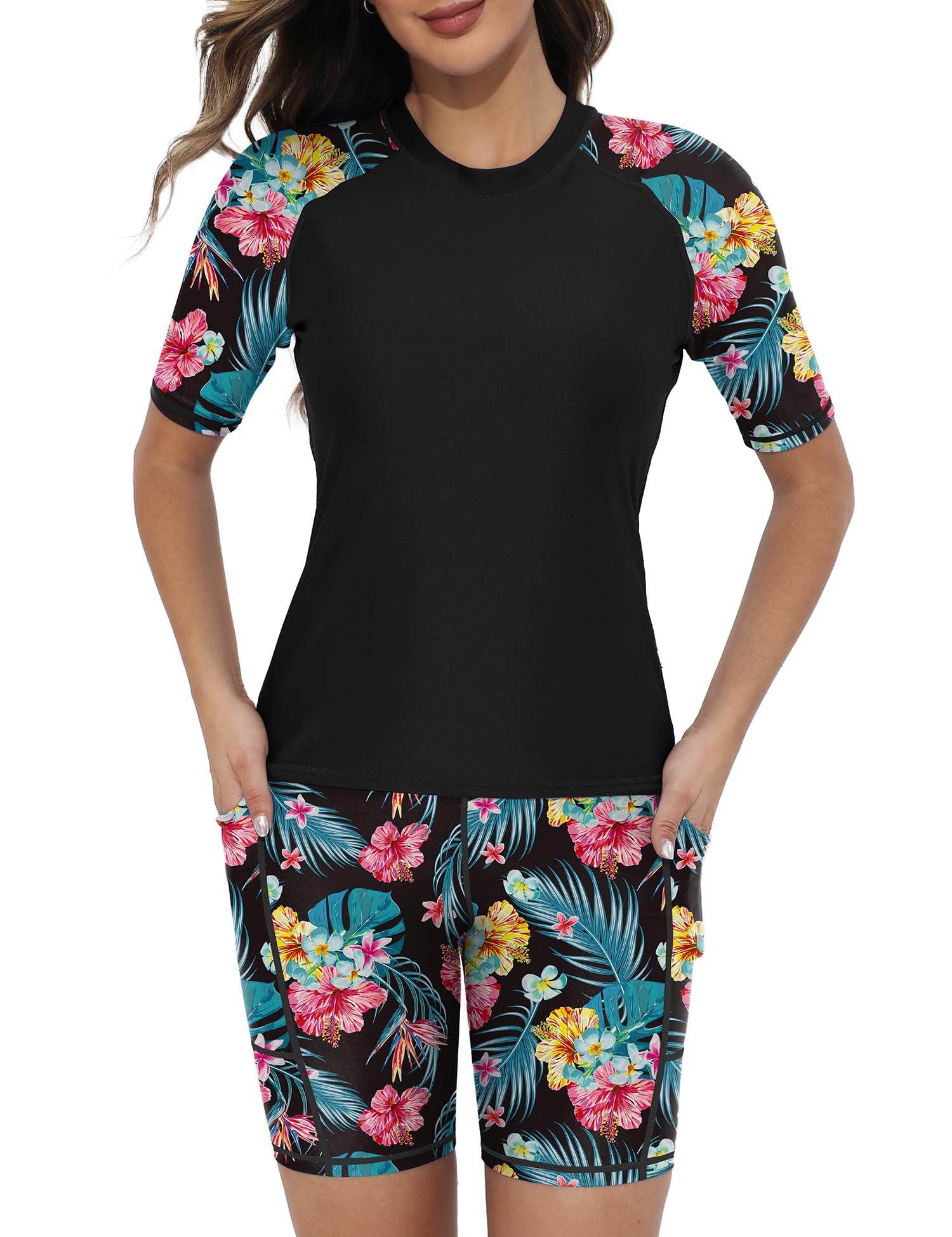 Tournesol Women's Two Piece Rash Guard Short Sleeve UPF 50+ Swim Shirts