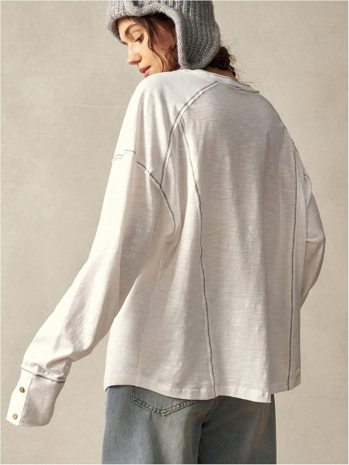 SHENHE Women's Oversized Sweatshirt Long Sleeve Button Up Henley Neck Tunic Top Pullover - Image 2