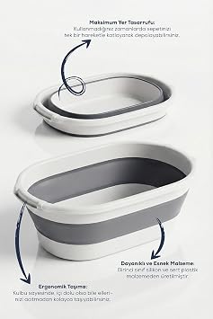 38 Litre Katlanabilir Silikon Çamaşır Sepeti Akordiyon Katlanır Sele Yer Kaplamayan Taşınabilir Ergonomik Kulplu Dayanıklı ve Hafif Depolama Sepeti Banyo ve Ev Kullanımı Kirli Sepeti GRİ, 38 LİTRE)