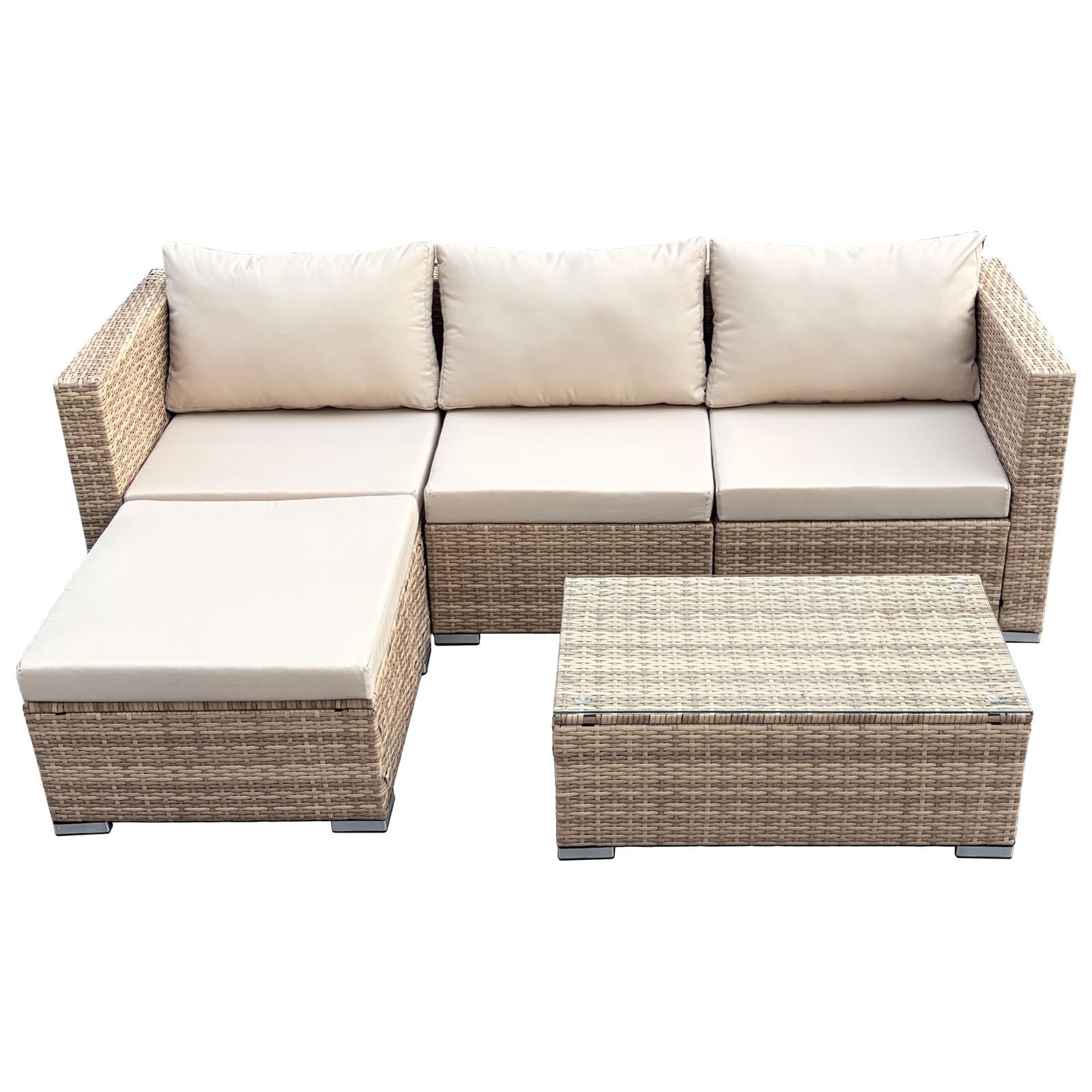 SVITA Queens Gartenlounge 5-teilig Polyrattan Lounge Set wetterfest Garten Terrasse Balkon inkl. Kissen Glas Tisch Beige