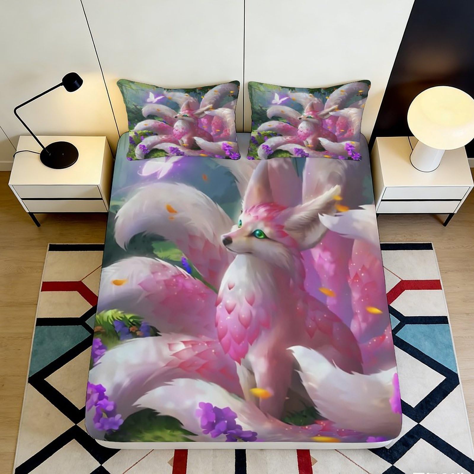 3D Printed Pink Fox Flower Fitted Sheet Microfiber Soft Bed Sheet Decorative Bedroom Guest Room Dorm Protector 90x200x25cm