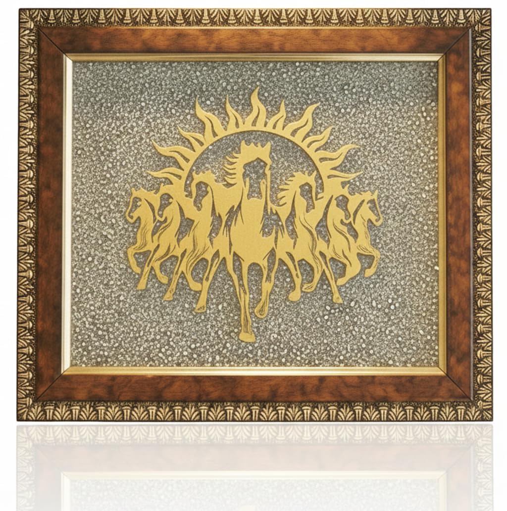 RAGHAV CRAFTS Pyrite Stone Frame with Vastu Seven Running Horses with Sun to Attract Money, Protection and Chakra Healing - Big Size 7 Horses Painting Vastu Wooden Photo Frame Wall Decor Items for Living Room with Original Pyrite Dust for Money Success-image-37