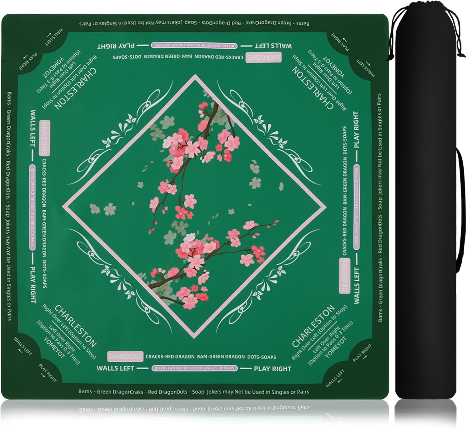 Mahjong Table Mat with Rubber Non Slip Backing Comfortable Smooth Surface Mahjong Playing Mat for All Sorts of Games Water Resistant Dark Green Plum Blossoms Design Mahjong Gift for Women and Men