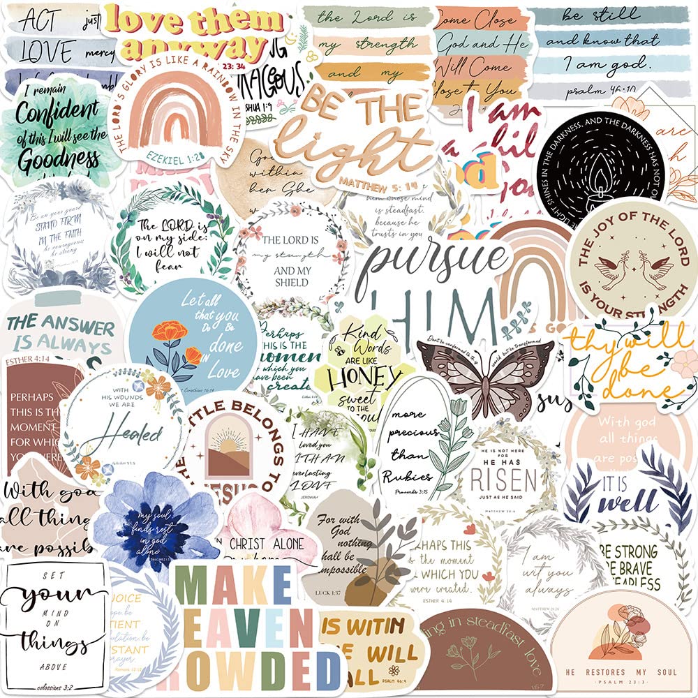 Bible Stickers Pack of 50 - Vinyl Jesus Christian Phrase Stickers for Laptop, Scrapbook, Water Bottle, Skateboard, Bumper, Car, Mobile Phone Cases - Waterproof Inspirational for Teenagers Adults