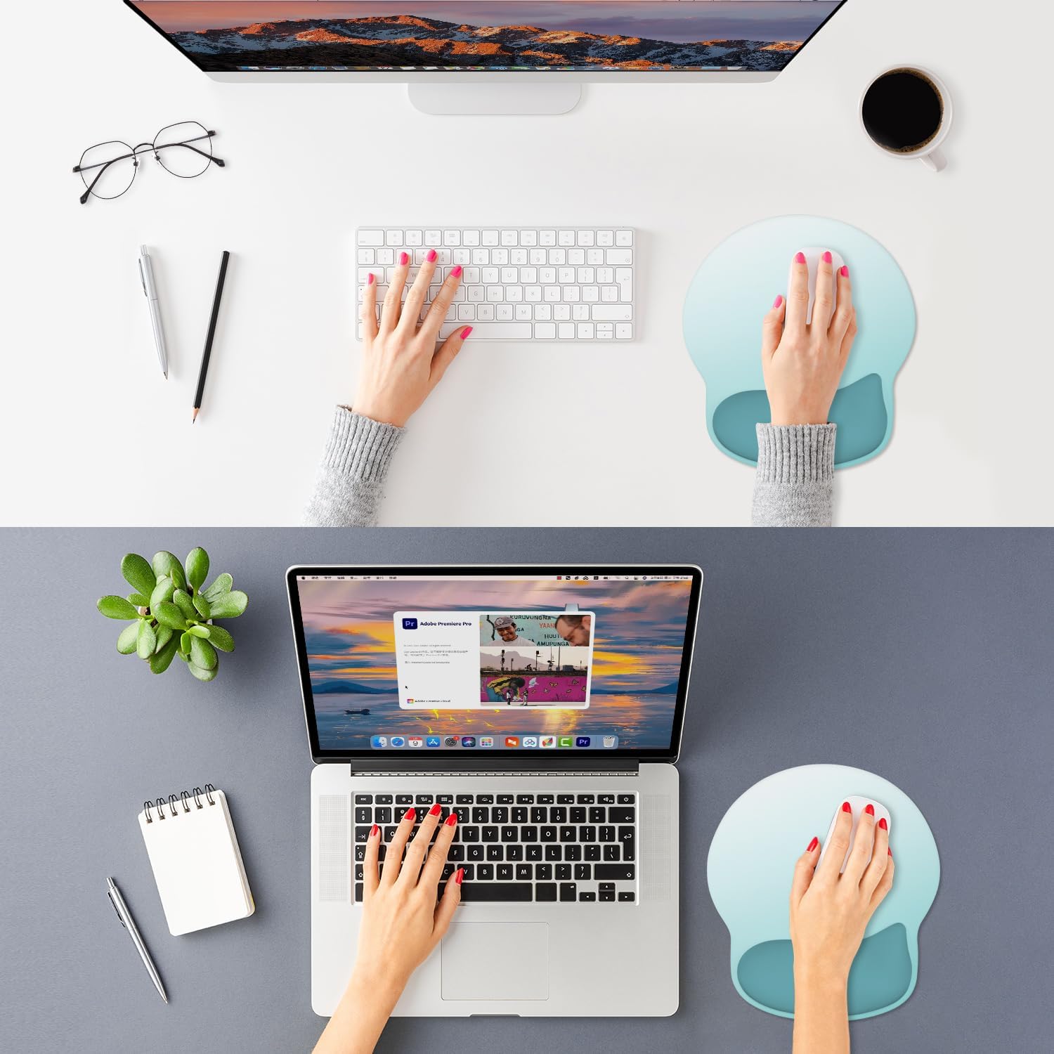 ITNRSIIET Ergonomic Mouse Pad with Wider Memory Foam Wrist Rest +17%, Curved Cushion Reduces Pressure 20%, Pain Relief, Non-Slip, Smooth, Cute Color Desk Accessory, 9.85 x 9 inch, Light Green image 2