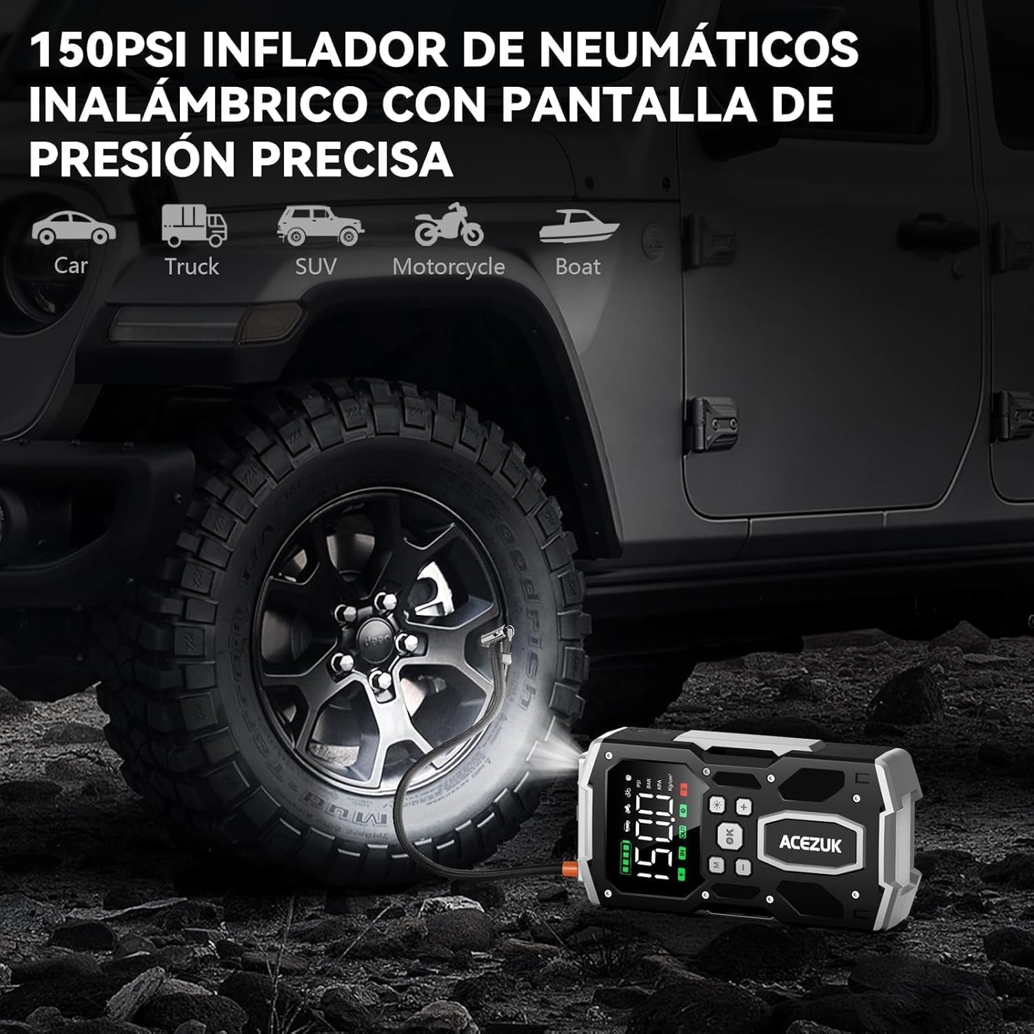 ACEZUK Arrancador de Batería de Coche 8000A, Compresor de Aire 150PSI, Arrancador de Coches para Vehículo(Toda Gasolina o 10L Diésel), 12V Jump Starter con 400-Lumen LED