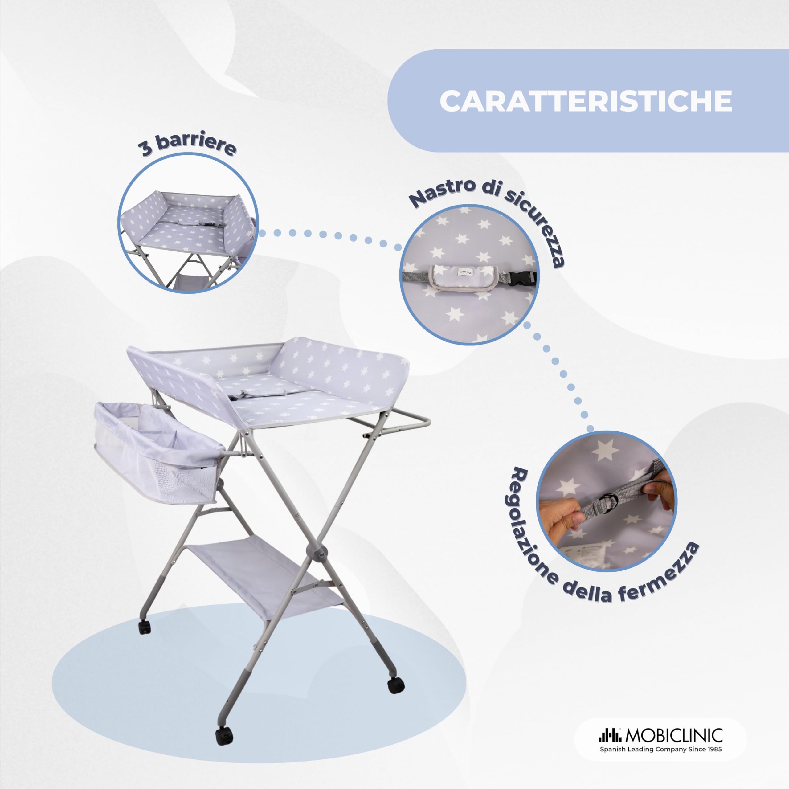 Mobiclinic Fasciatoio pieghevole per Neonati, Altezza Regolabile, Fino a 15 kg, 0-36 Mesi, Ruote a 360° Freno, Lavabile