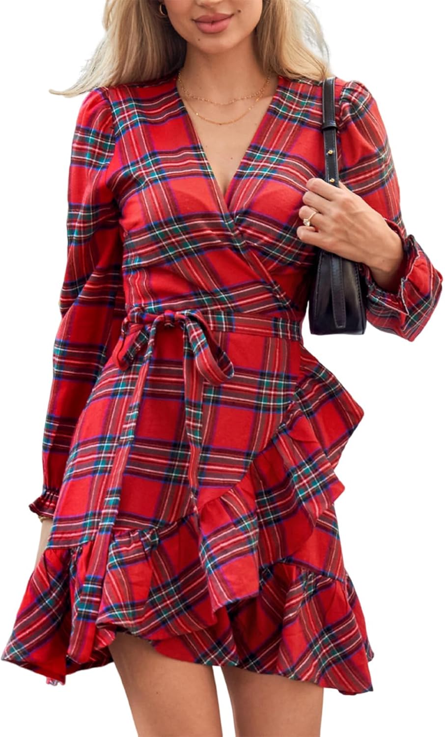CUPSHE Women Red Plaid Fall Dress V Neck Ruffle Cuff Long Sleeve Side Tie Wrap Casual Mini Autumn Dresses