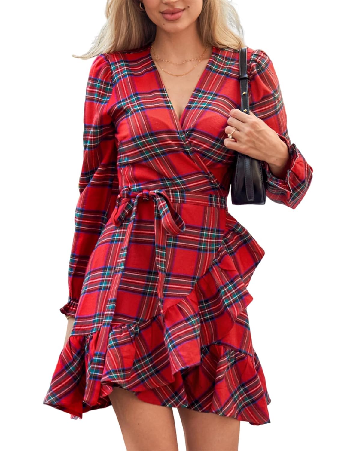 CUPSHE Women Red Plaid Fall Dress V Neck Ruffle Cuff Long Sleeve Side Tie Wrap Casual Mini Autumn
