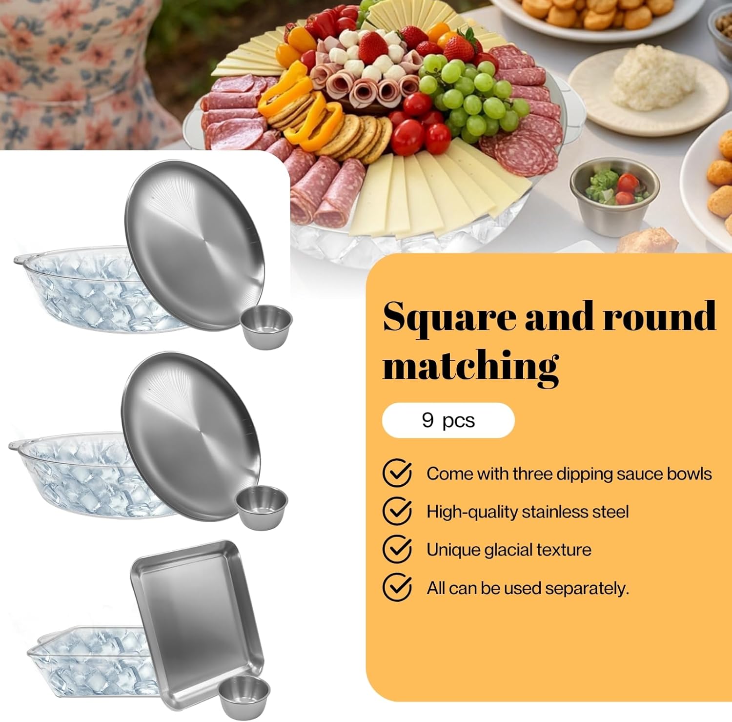 3 Set Chilled Serving Trays for Parties with Compartments,Chilled Party Platter，Platters for Serving Food Fruit Seafood Cocktail (3, Silver)