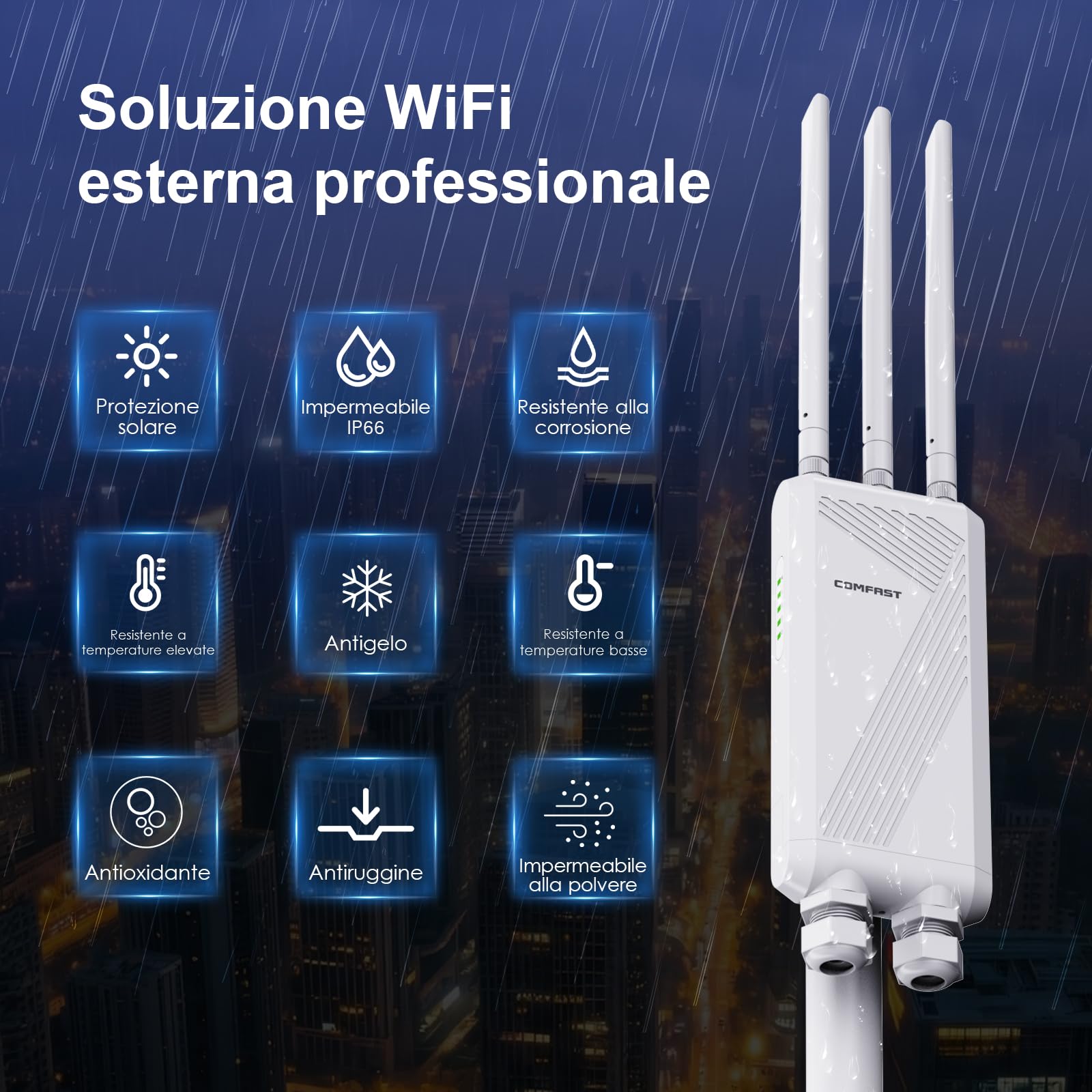 COMFAST Ripetitore WiFi Esterno, WiFi7 3600Mbps Access Point WiFi Esterno Dual Band, 3 Antenne Rimovibili, 360° Copertura, 3 Porte Gigabit (1WAN+2LAN), 48V POE, IP66, Modalità Ripetitore/Router/AP
