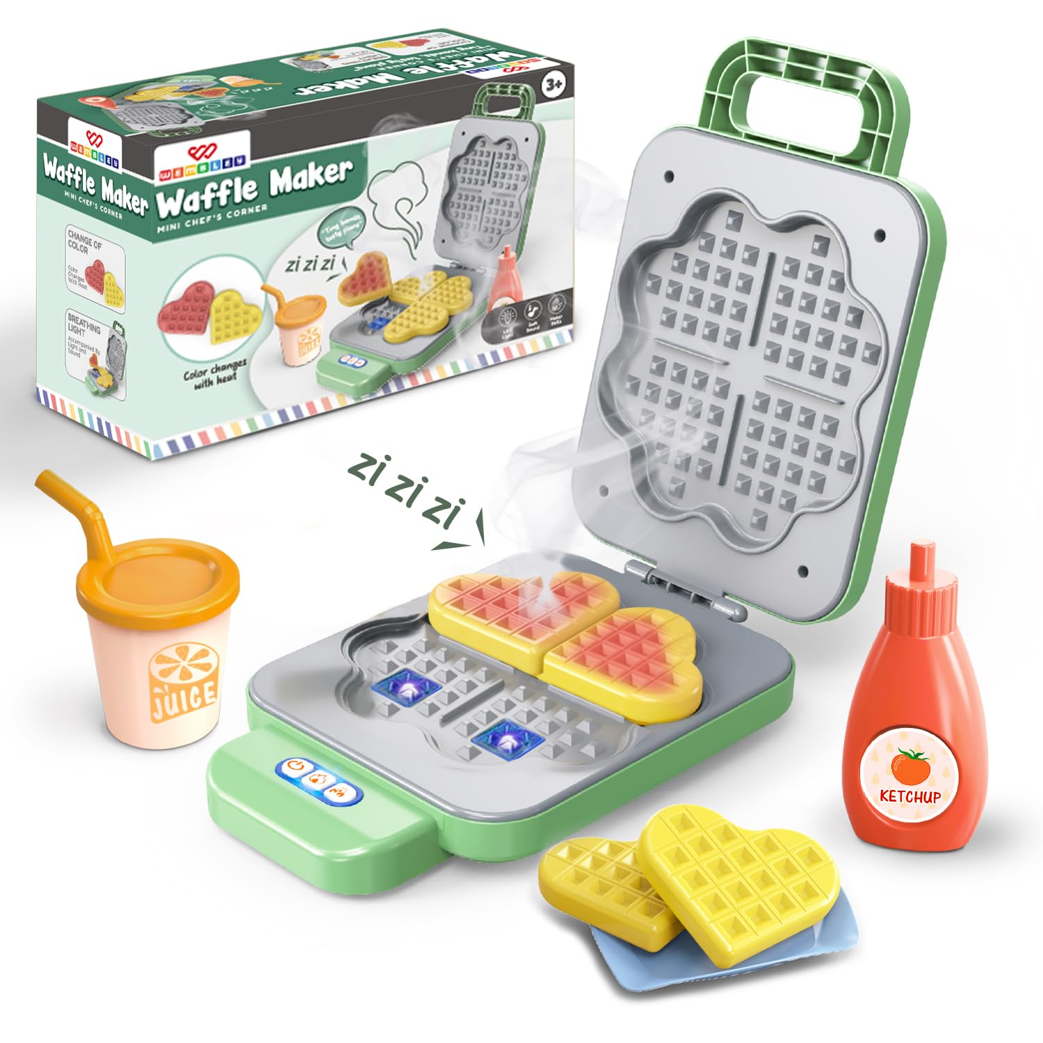 Wembley Mini Chef's Corner Waffle Maker | Pretend Play Set with Light, Sound & Color-Changing Waffles | Includes Waffle Maker, Play Waffles, Juice Cup & Ketchup Bottle | Kitchen Set for Girls