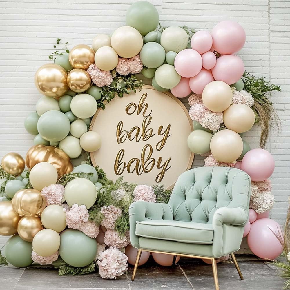 Dusty Green Pink Balloon Arch Double Stuffed, Sage Mint Green Baby Pink White Sand Cream Gold Pastel Balloon Garland Kit for Baby in Bloom Birthday