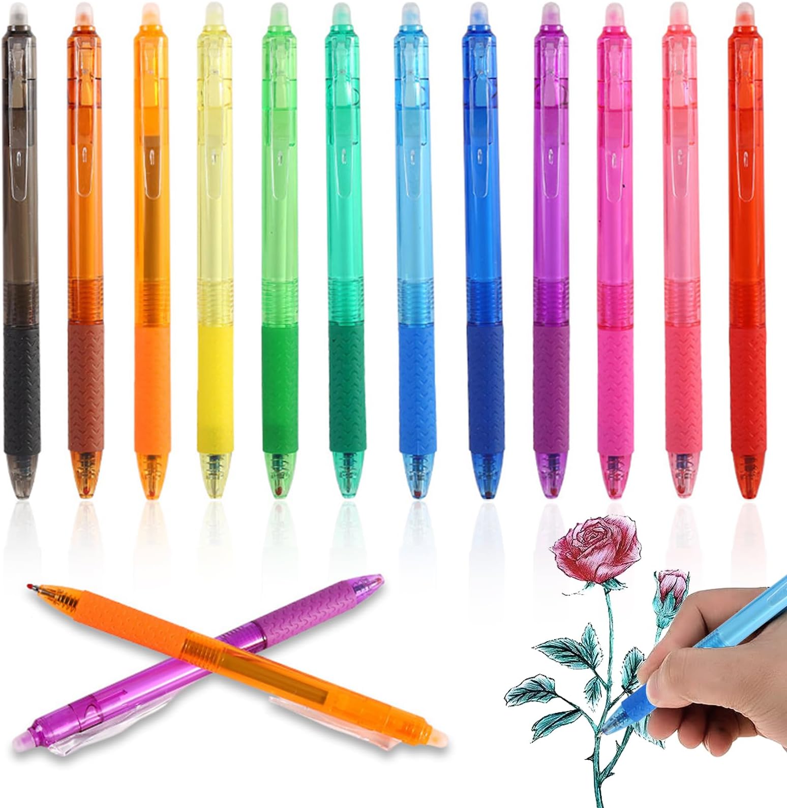 DxJ Colored Erasable Pens with Rubber,12 Colored Retractable Gel Pens 0.5mm Finepoint Erasable