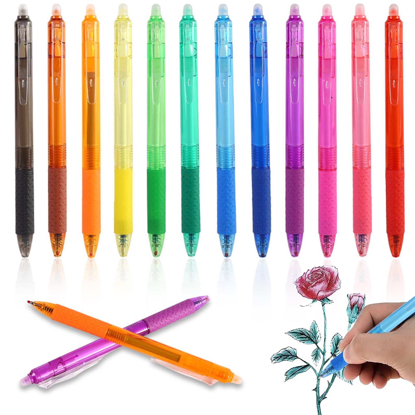 DxJ Colored Erasable Pens with Rubber,12 Colored Retractable Gel Pens 0.5mm Fine-point Erasable Gel Pens Made for Everyday Writing, Journals, Notes,Doodling,Fabric stylo effaçable
