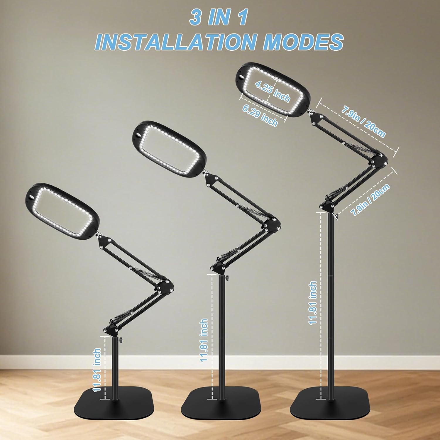 10X 30X Large Floor Magnifying Glass with Light and Stand,Heightened 3-in-1 Hands Free Magnifying Lamp for Close Work, Magnifiers for Reading Sewing, Crafts, Painting, Hobbies