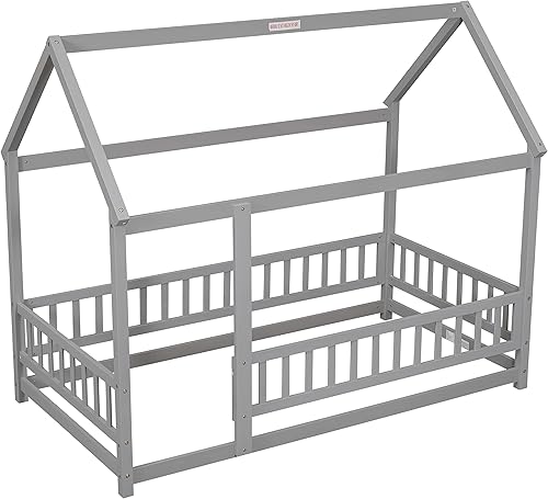 Miniatura 25 de Harper & Bright Designs Montessori - Cama doble individual, cama de suelo con rieles y techo, plataforma de madera maciza para niños, adolescentes,