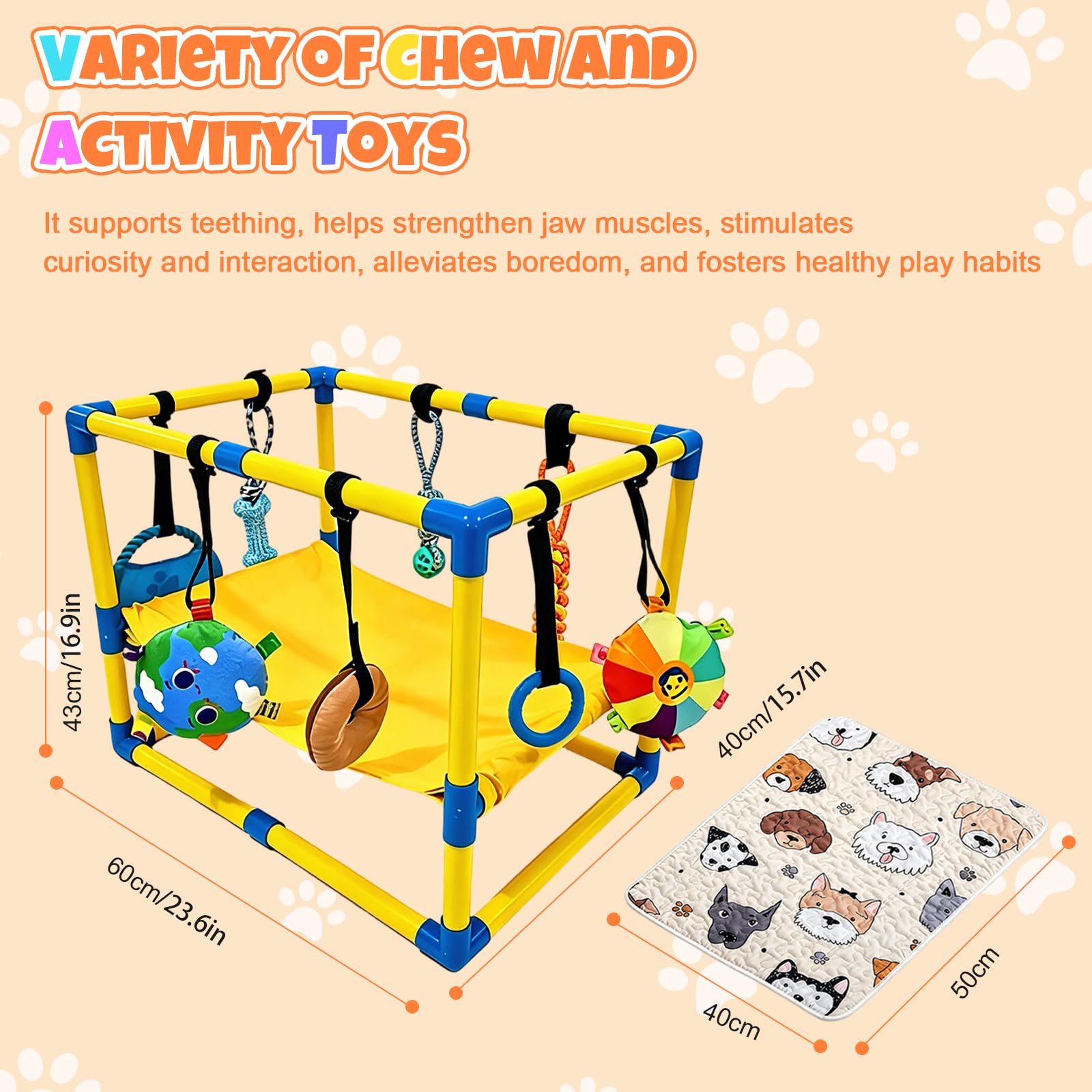 Welpenspielstudio mit 8 hängenden Spielzeugen, 60 x 40 x 40 cm für den Innenbereich | Play Gym Interaktives Hundetrainer mit Hängematte und Isomatte, PVC-Rahmen, Welpen-Fitnesscenter für Welpen