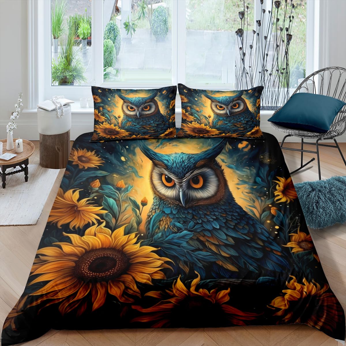 CCoutueChen Vintage Owls Sunflowers Duvet Cover Set Queen Size Amber Birds Floral Bedding Romantic Owls Sunflowers Painting Comforter Cover for Women Kids Teens 3Pcs Soft Bed Set with Zipper Closure