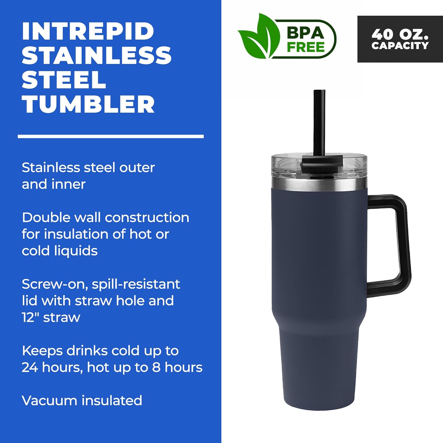 10 Ct of 40 Oz Intrepid Stainless Steel Tumbler with Lid, Straw & Handle – Navy Blue – Customizable Insulated Cups for Water, Coffee, Hot & Iced Drinks – Great for DIY, Events, Work - Image 2