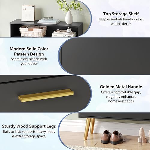 Miniatura 4 de Zapatero para entrada, armario de almacenamiento de zapatos negro con 2 puertas abatibles y estante, armario estrecho oculto para entrada delgado,