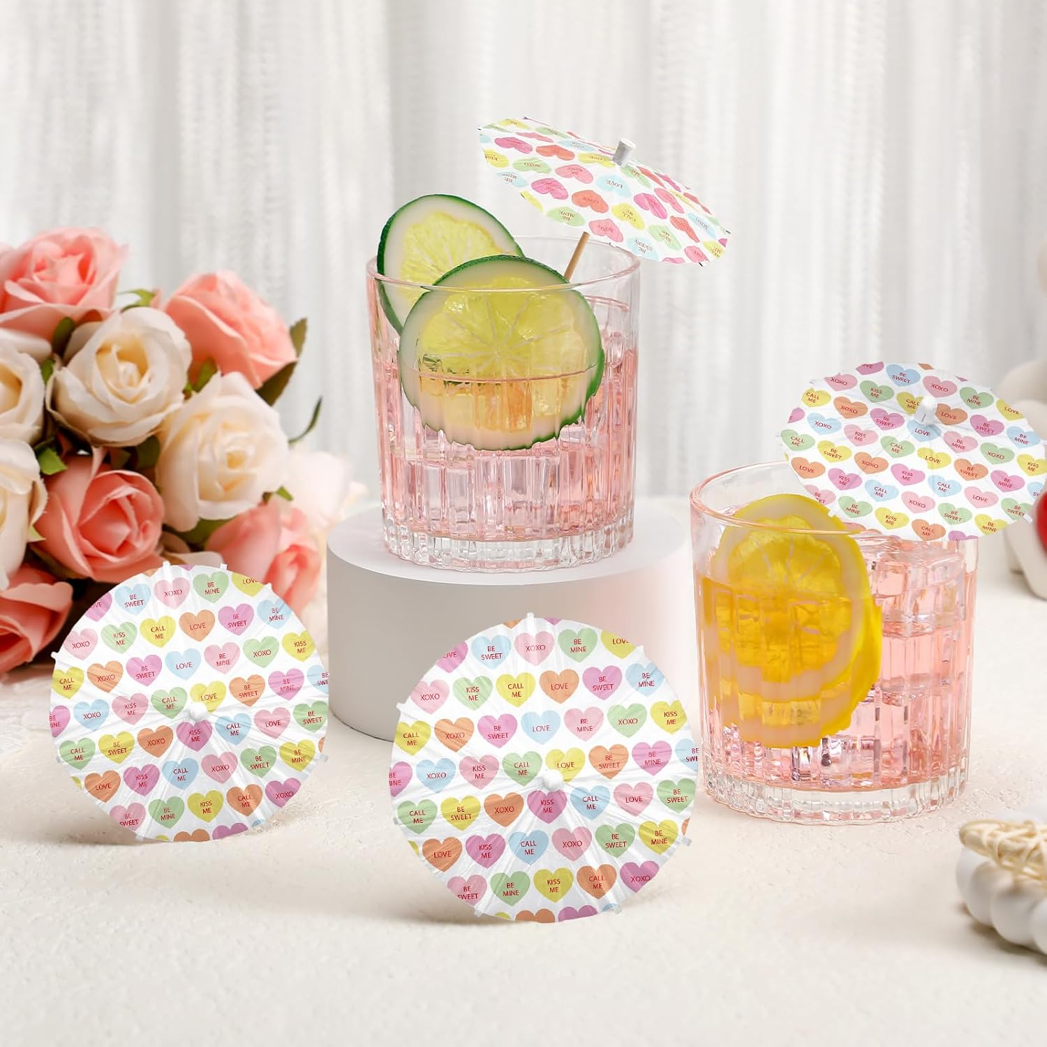 100 Pcs Valentine's Day Drink Umbrellas Cocktail Conversation Heart Umbrella Drink Sticks Toothpicks Cocktail Umbrellas Pick Paper Cupcake Topper Stick for Party Appetizers Restaurant Bar image 3