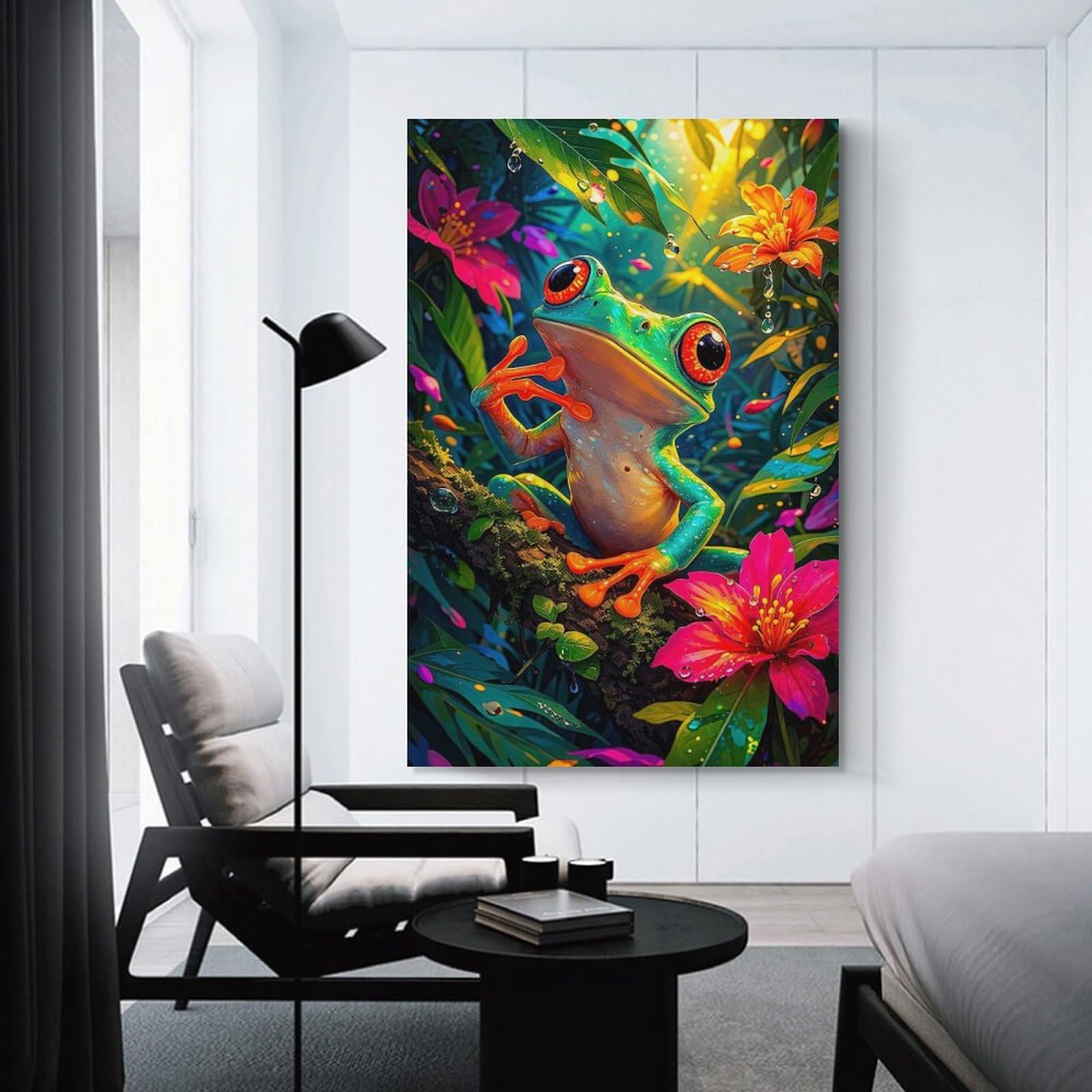 Junmoney Vibrant Red-Eyed Tree Frog in Rainforest Canvas Art Print, 20x30inch(50x75cm), for Bedroom, Lounge Or Dressing Area, Canvas Wall Decor for Personal Spaces
