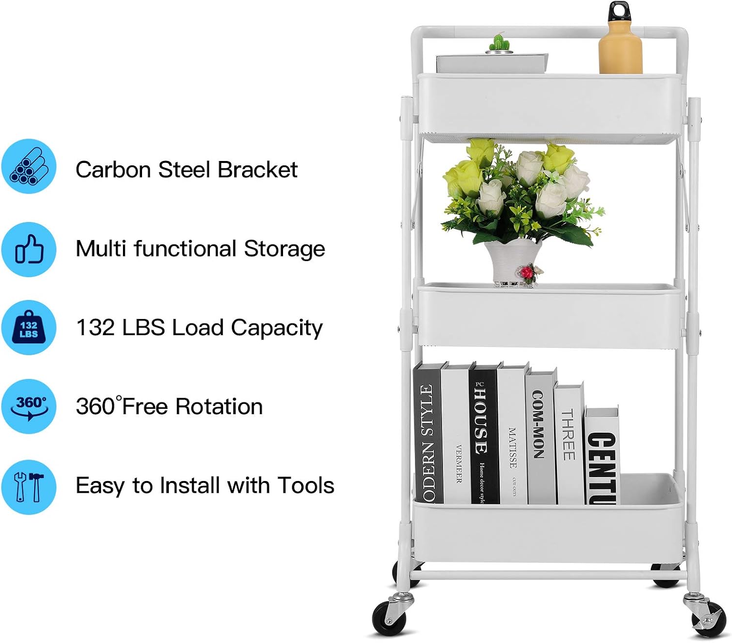 Foldable 3 Tier Metal Utility Rolling Cart, Folding Mobile Multi-Function Storage Trolley Organizer Cart for Home Library Office(White)