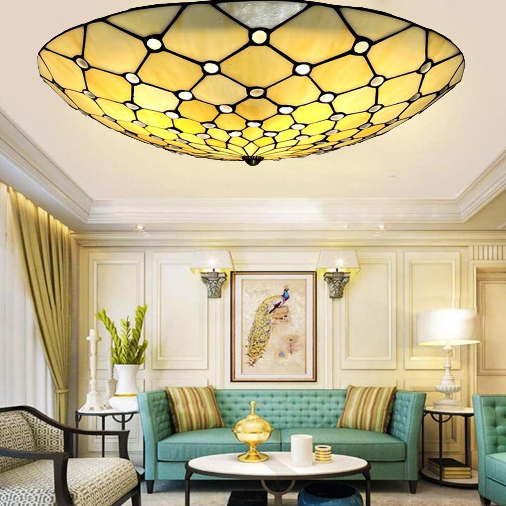Aioneer Tiffany Ceiling Lights,Stained Glass Ceiling Light,Tiffany Flush Mount Ceiling Light For Bedroom Dining Living Room Entryway Foyer Hallway Kitchen,Mediterranean Ceiling L-Beige-21in
