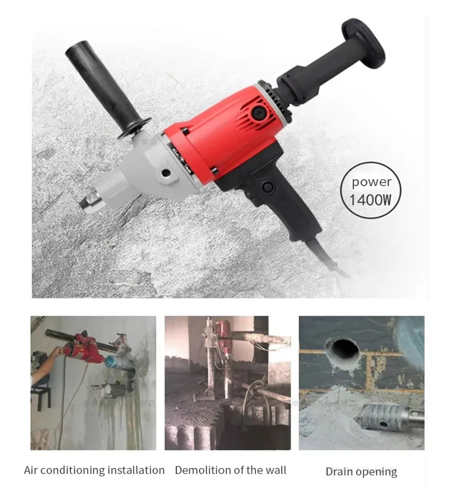 Taladro de agua de diamante, taladro de inniería eléctrica de alta potencia de 1400W, máquina perforadora de pared, cortador de tubos de perforación de agujeros de doble propósito