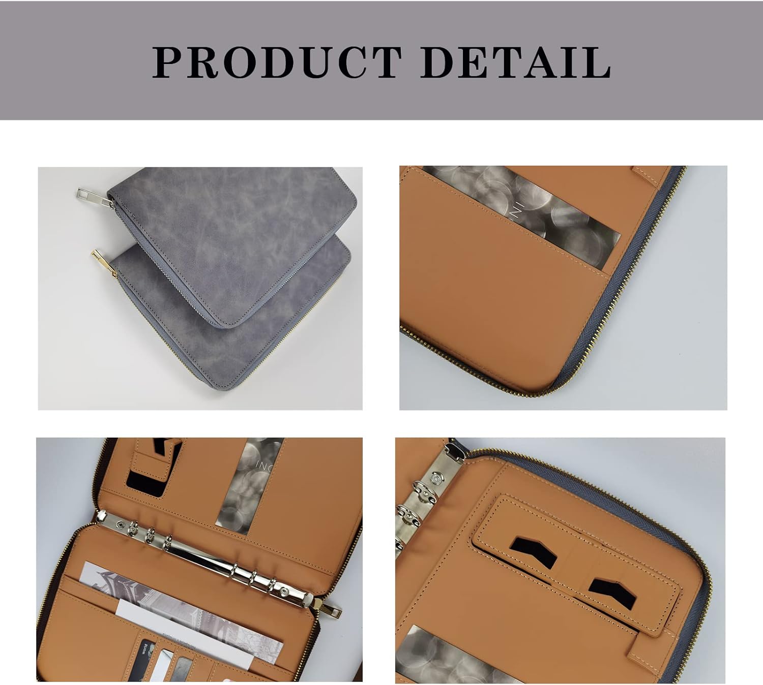 A5 Leather Binder Notebook Portfolio Budget Planner PU Leather Cover with Zipper 6 Rings Refillable Money Document Organizer for Business Interview(Gray)