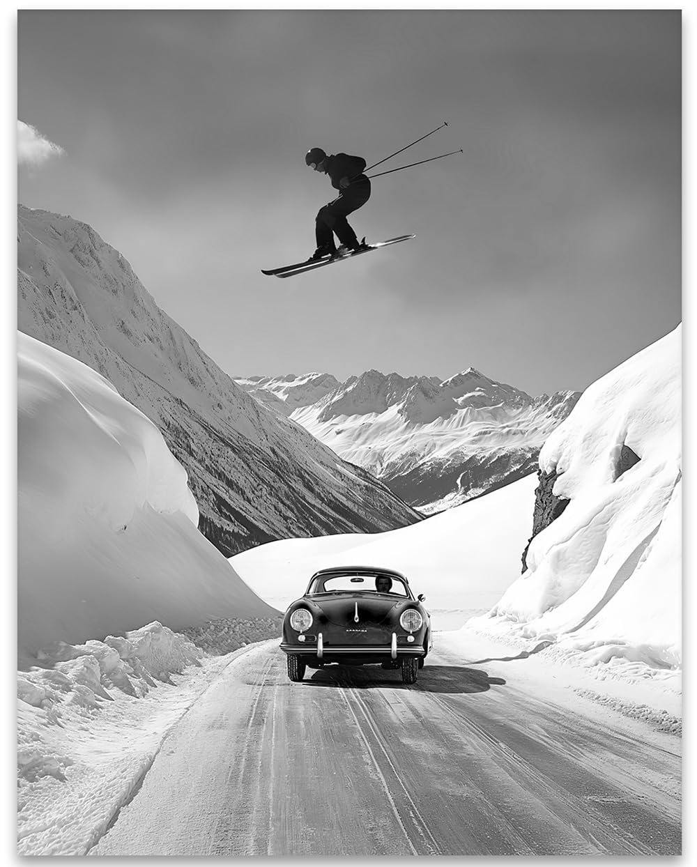 Amazon.com: Jumping Over Porsche Vintage Ski Photography Black and