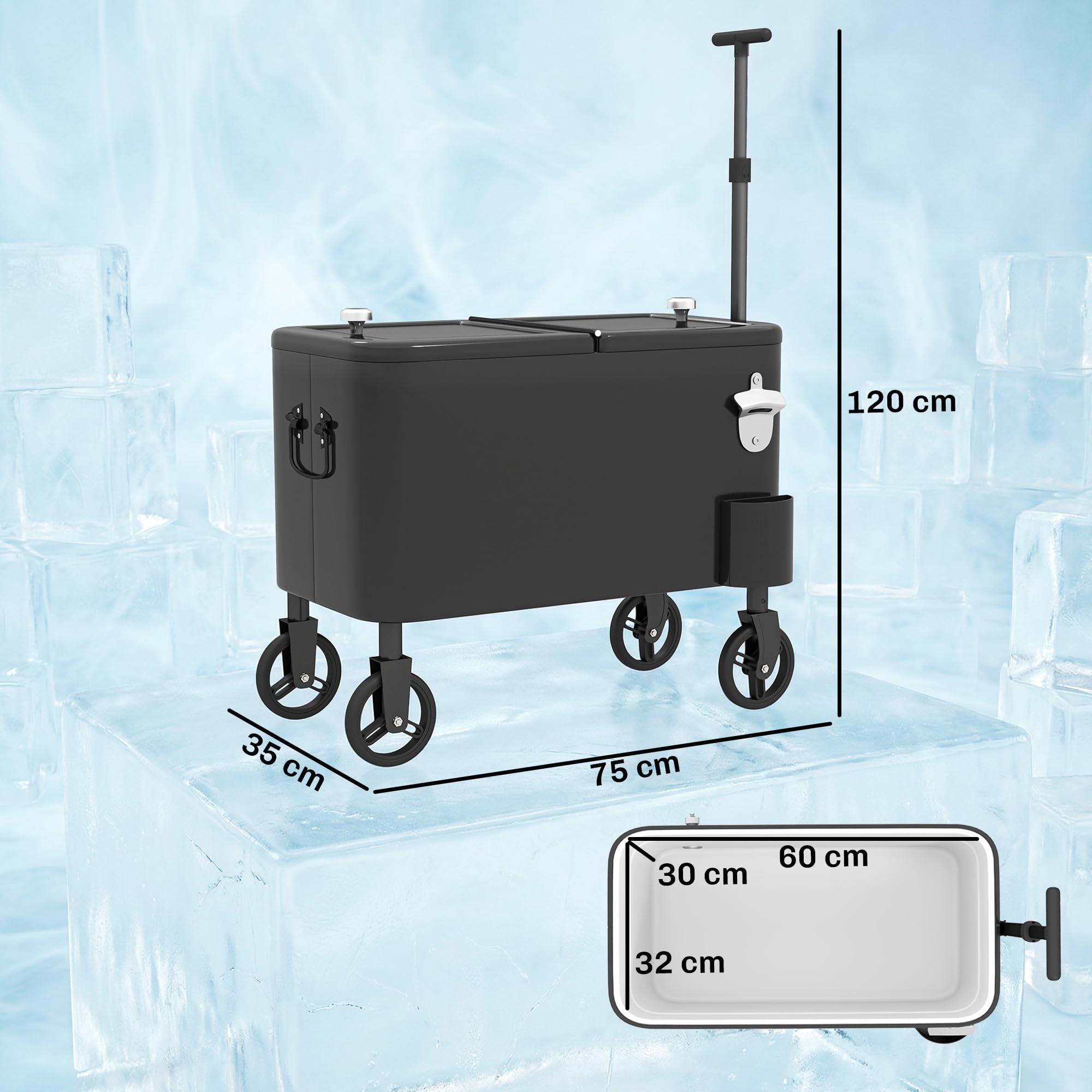 Outsunny Carrito Nevera de 56L con Ruedas, Carro de Bebidas con Mango Ajustable, Abrebotellas, Recogetapas, Drenaje y Asa, Mesa Nevera Jardín Exterior para Patio, Fiesta, BBQ, 75x35x120 cm, Negro