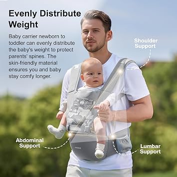 Baby Carrier, 6-in-1 Ergonomic Baby Carrier Newborn to Toddler, Safety-Certified Infant Toddler Carrier with Hip Seat, Detachable Baby Hip Carrier to Hands-Free Perfect for Shopping & Walking