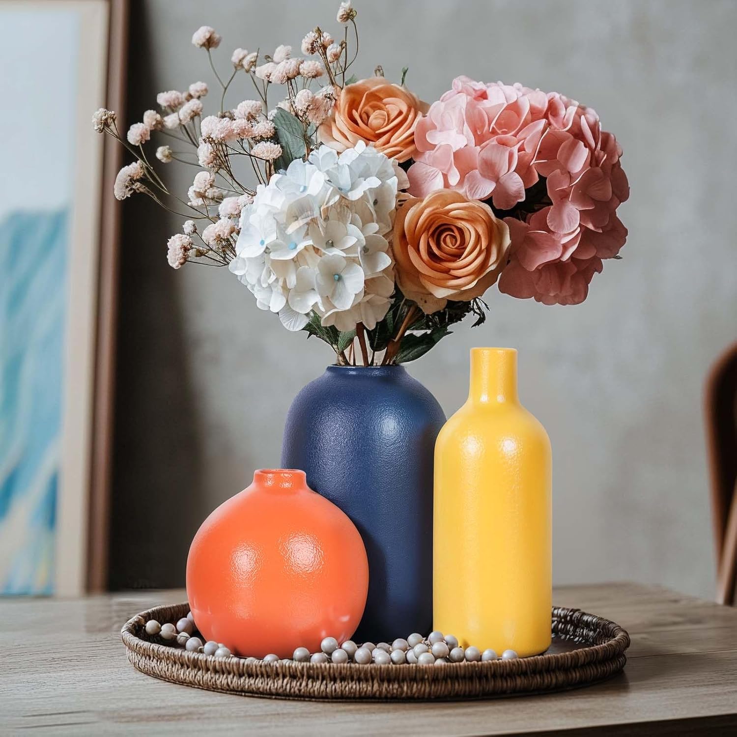 Colorful Ceramic Vase Set, Small Burnt Orange Blue Yellow Vases Home Decor,Fall Décor Modern Farmhouse Vases for Home Decor, Organic Decor Accents for Living Room, Table, Shelf, Entryway, Set of 3 image 3 of 7 B0BVJP8NKH