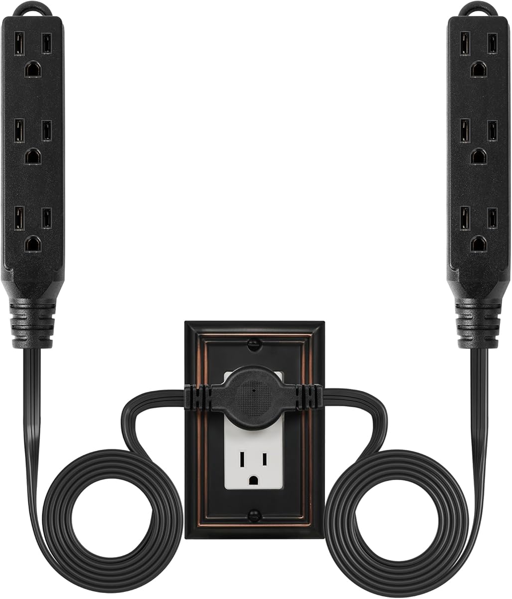 3 Prong Twin Power Strip, 12Ft Ultra Thin Flat Extension Cord with Flat Head Plug, 6Ft on Each Side, 6 Outlets, Double Extension Cord Splitter, Indoor Use, ETL Listed, Black