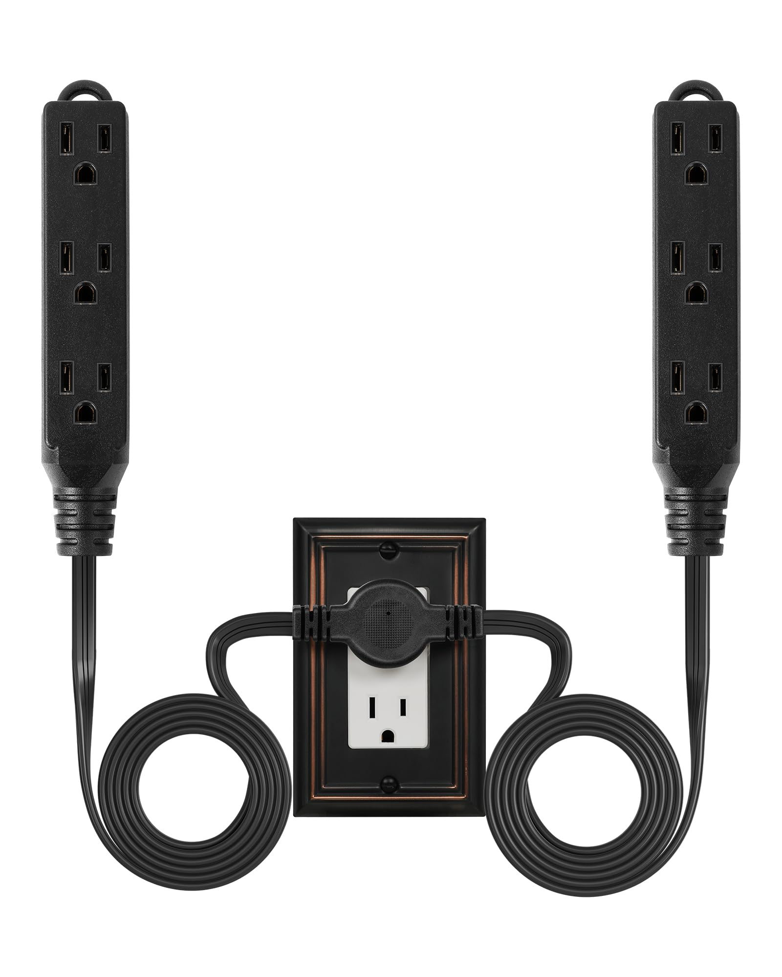 3 Prong Twin Power Strip, 12Ft Ultra Thin Flat Extension Cord with Flat Head Plug, 6Ft on Each Side, 6 Outlets, Double Extension Cord Splitter, Indoor Use, ETL Listed, Black