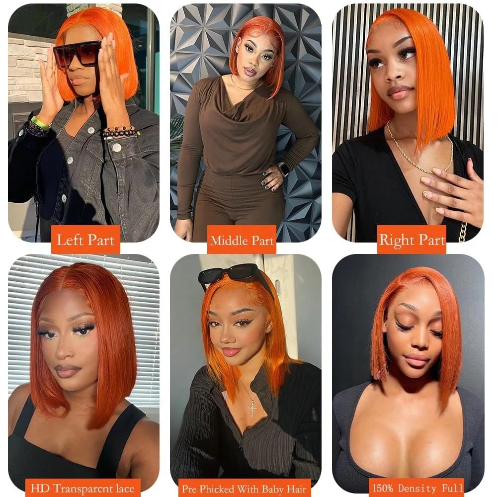 Bob Wig Human Hair Lace Front Glueless Wigs for Black Women Pre Plucked 150% Density 100% Brazilian Virgin Human Hair (Orange 13x4 Lace Front Bob Wigs, 16 Inch)
