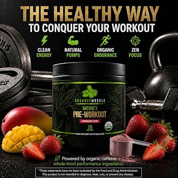 Organic Muscle Pre Workout Powder Strawberry Mango USDA Organic 20 Servings