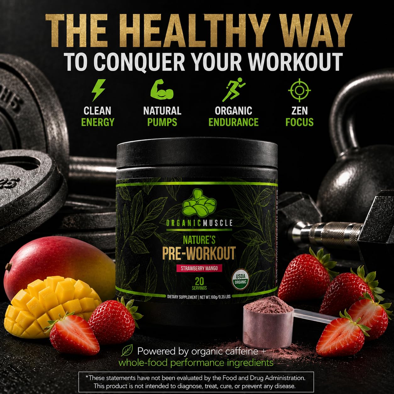Organic Muscle Pre Workout Powder Strawberry Mango USDA Organic 20 Servings — Amazon image 5