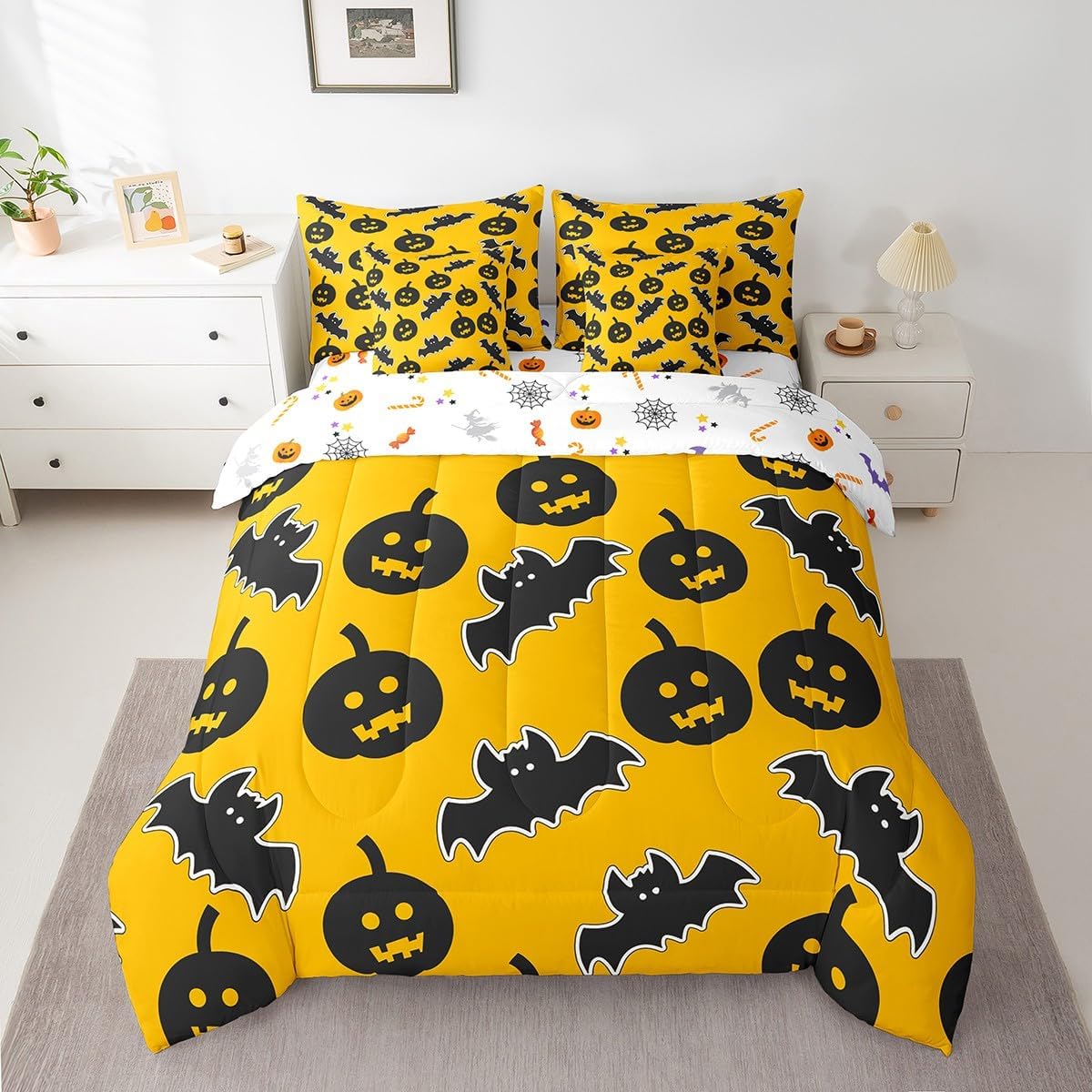 Erosebridal Queen Comforter Set 7 Pieces,Halloween Reversible Bed in a Bag Queen,Pumpkin Lantern Queen Bedding Set with Black Bat Comforter, Flat Sheet, Fitted Sheet, Pillowcases, Pillow Shams