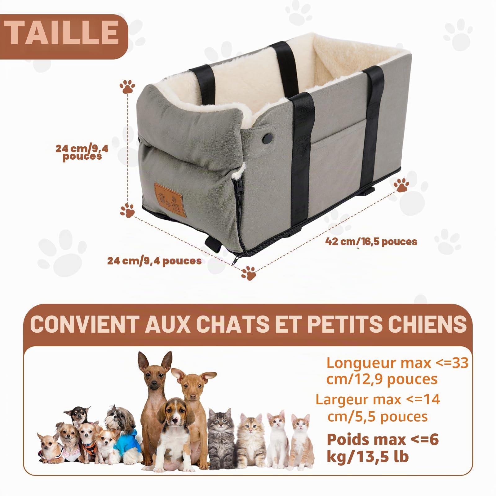 Siège de Voiture pour Chiens et Chats - Rehausseur Amovible et Lavable - Console Centrale pour Animaux de Petite Taille Jusqu'à 5,9 kg