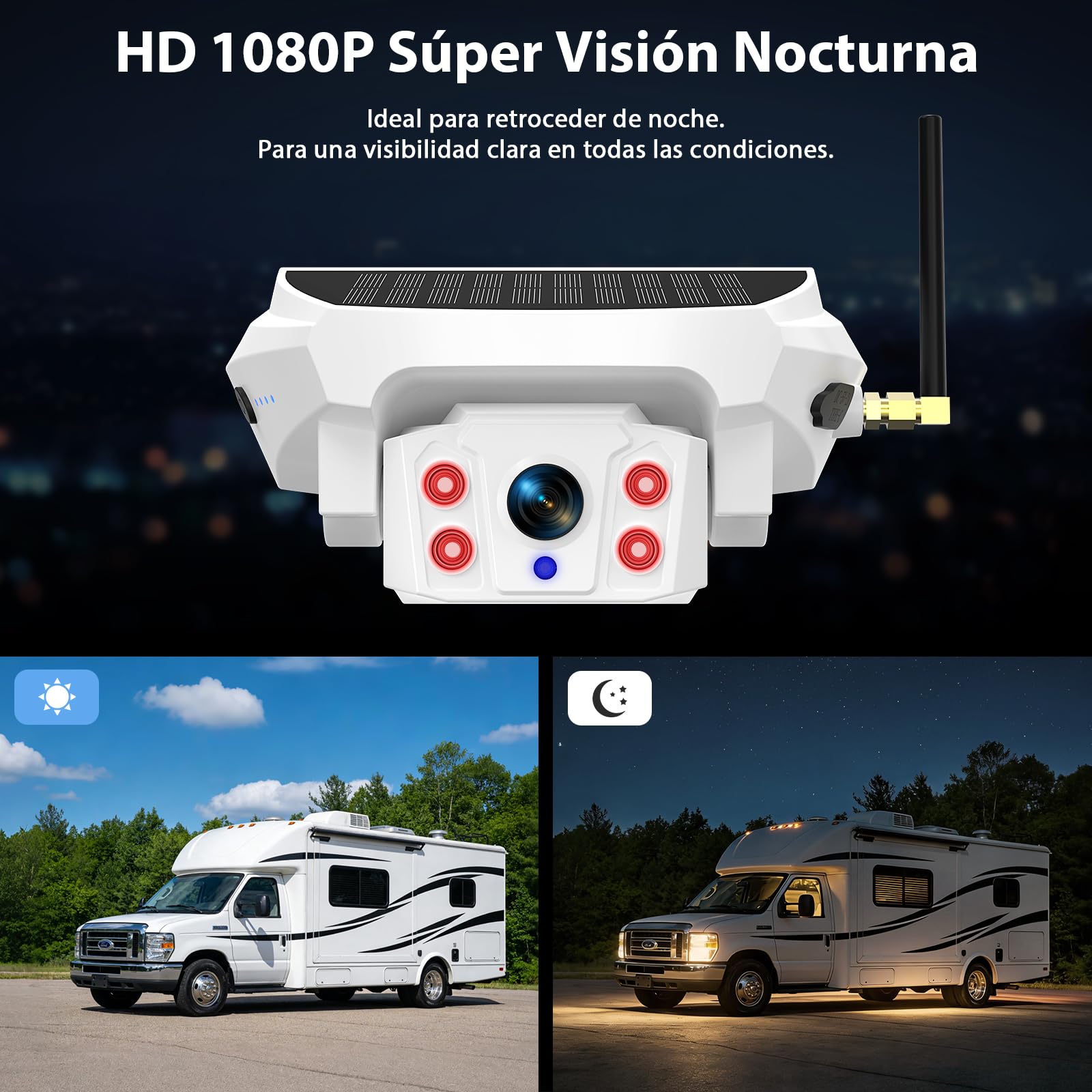 Cámara de Marcha Atrás Inalámbrica Solar con Monitor 7", Sistema de Visión Trasera Digital HD 1080P, Batería 10000mAh & Soporte Magnético, Impermeable IP69K para Autocaravana, Camión, Remolque