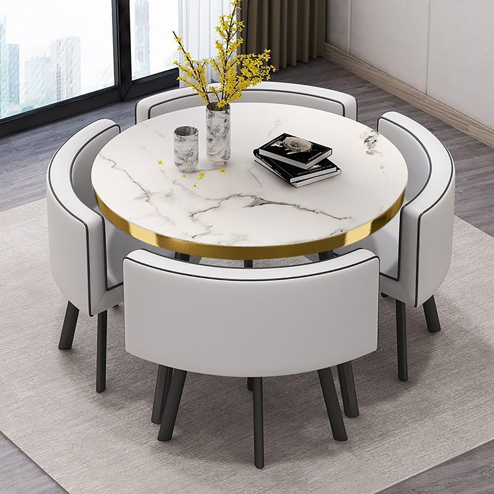 Modern Round Dining Table Set with 4 Chairs 90CM Diameter Kitchen Table and Chair Combination for Cafe Business and Dining Room