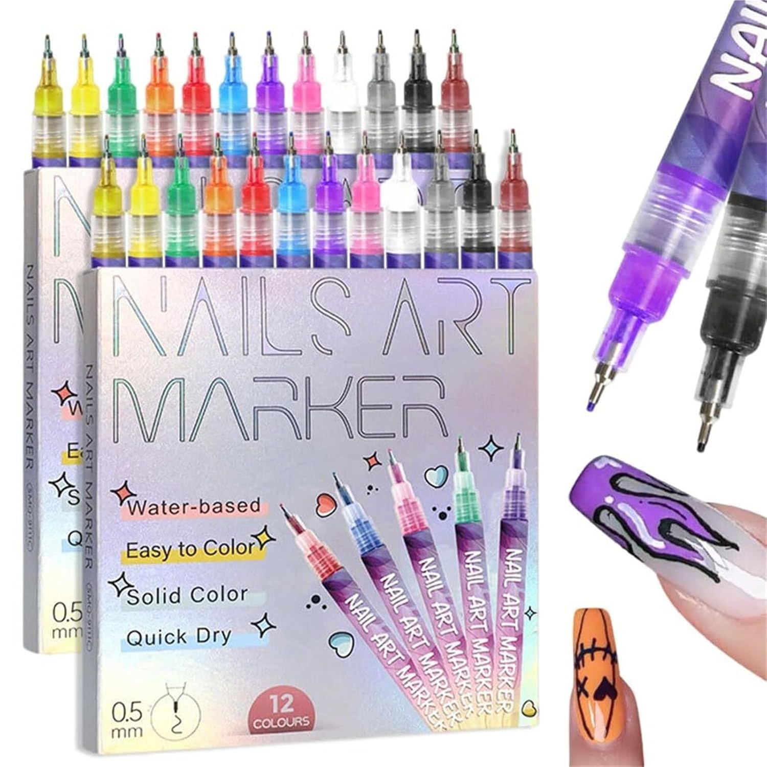 Nail Art Tools: 12-Color Nail Art Brush Set, Gel Nail Art Brushes, DIY Nail Art Brushes, Quick-Drying Dotting Brushes, Nail Art Line Brushes(2 set)